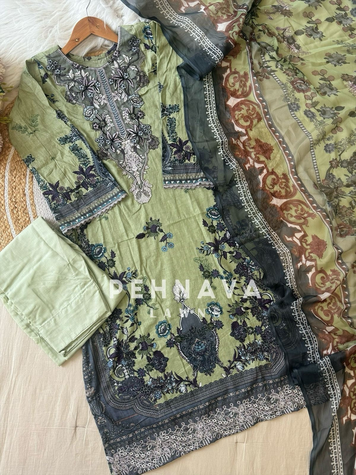 Pakistani printed cotton suit with embroidered patches -9086