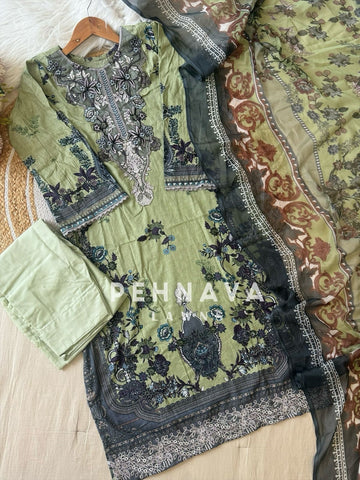 Pakistani printed cotton suit with embroidered patches -9086