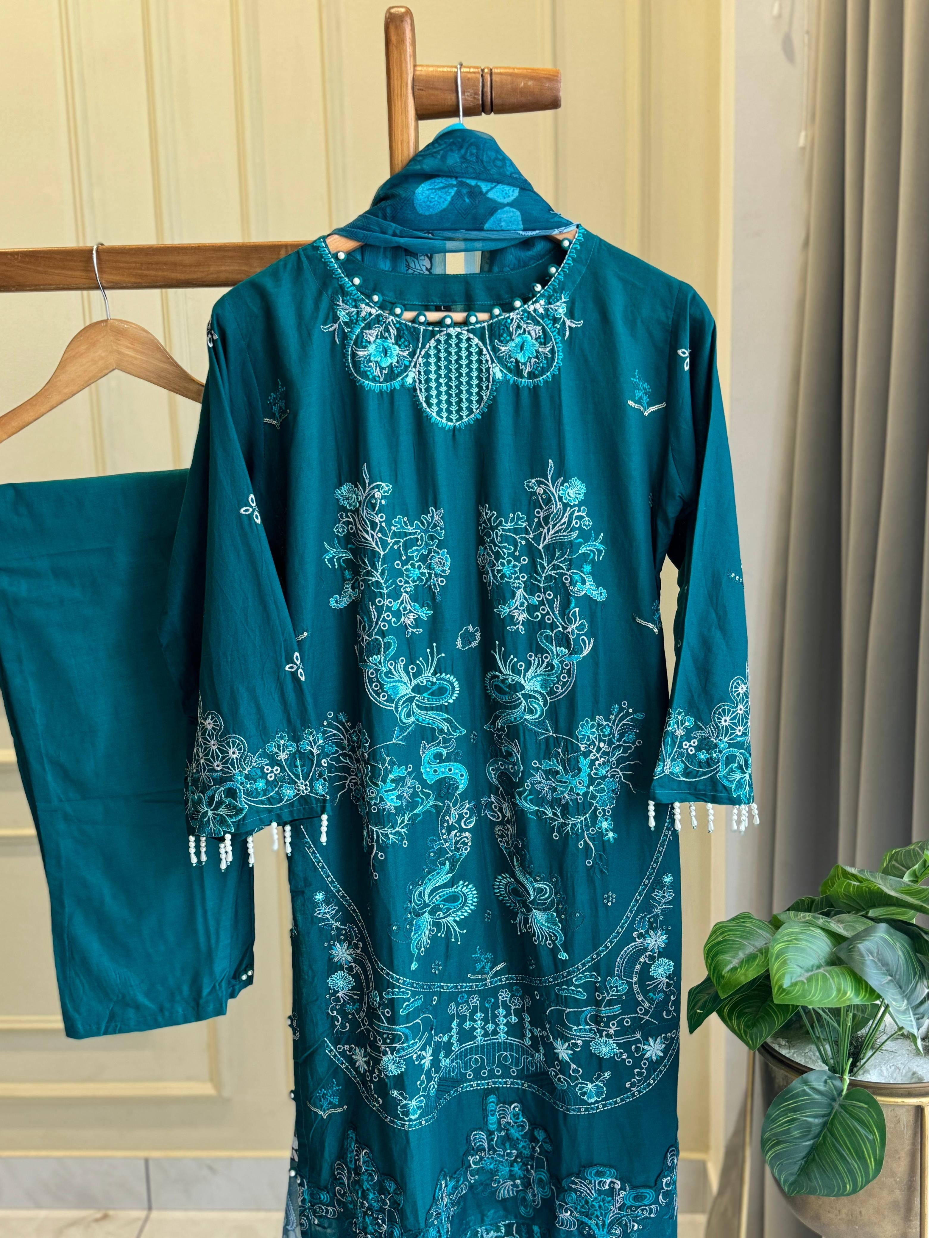 New Stitched Embellished Floral Suit-3