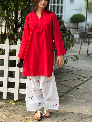Red and White Trendy Farshi Salwar - Pehnava Lawns