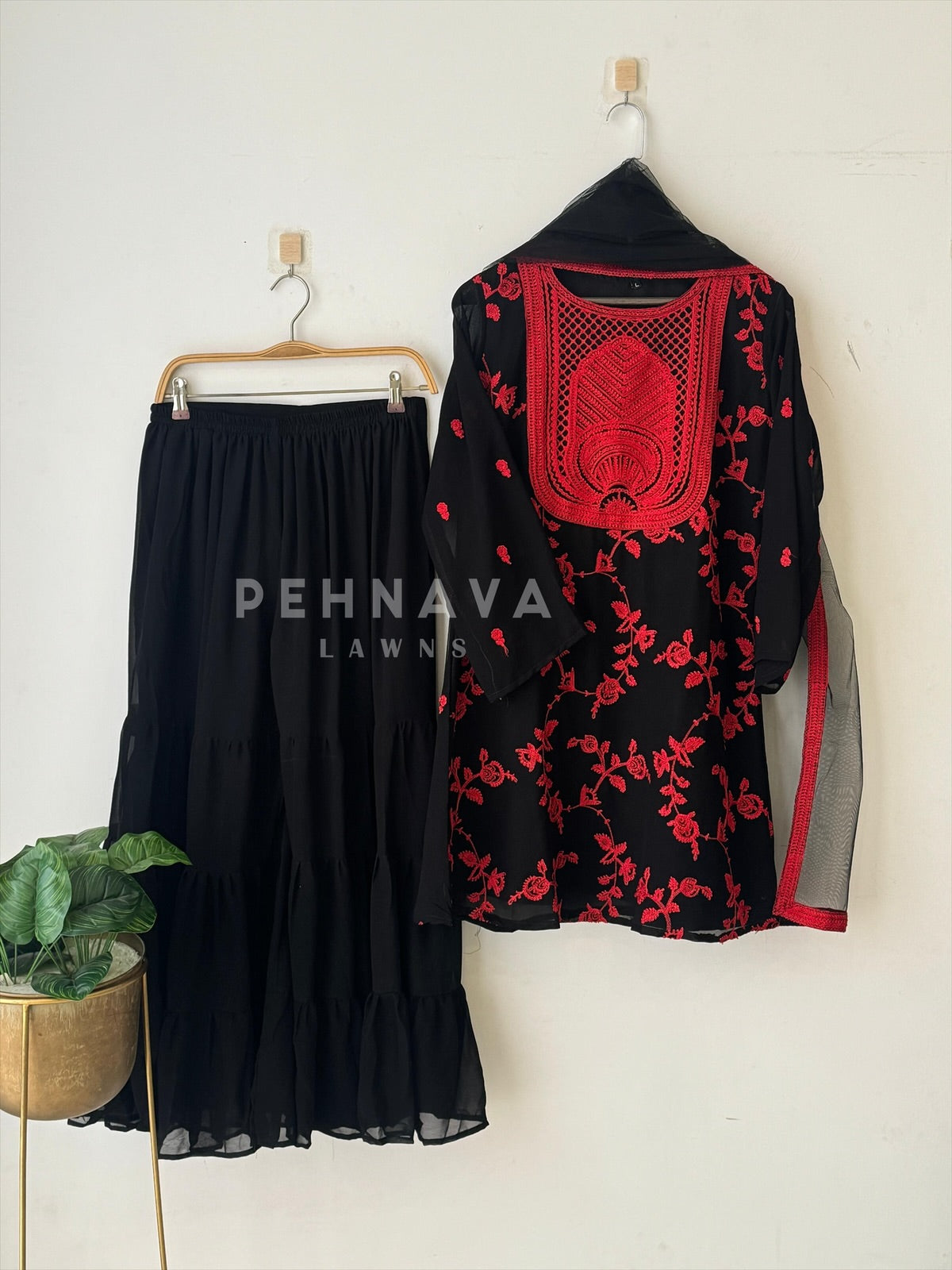 Black Red Embroidery kurti with sharara