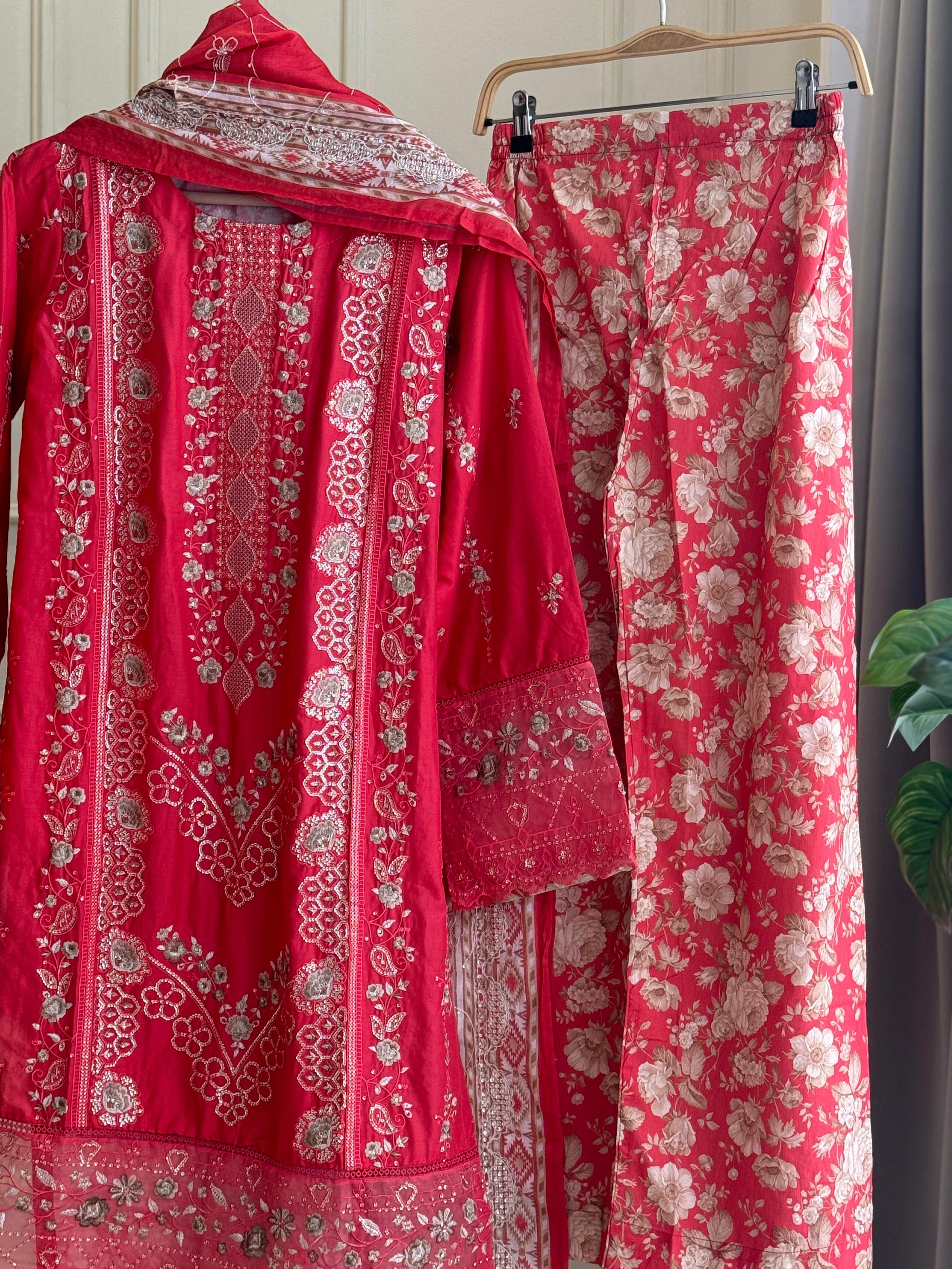 Premium Floral Embroidery Red lawn Suit
