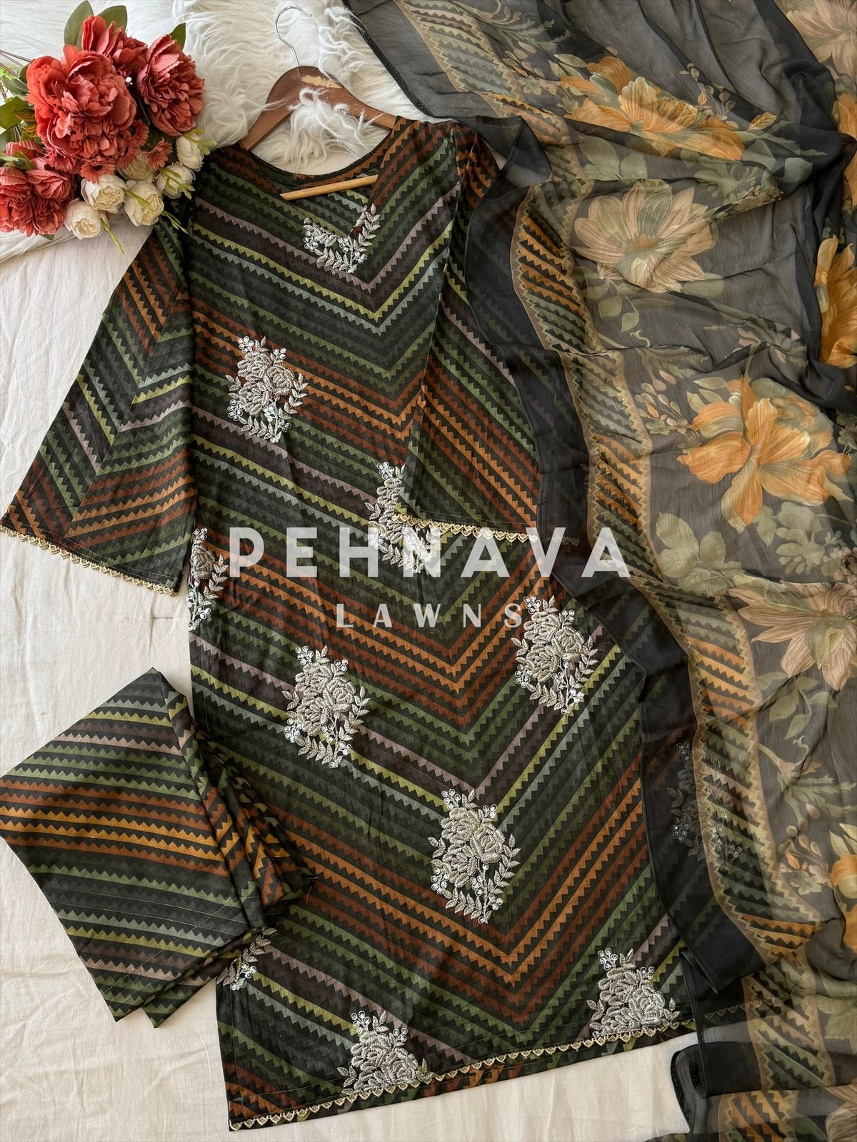 Classic Embroidered Chevron Suit with Printed Dupatta-002