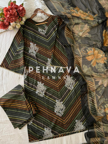 Classic Embroidered Chevron Suit with Printed Dupatta-002