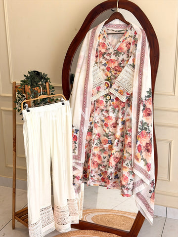 Floral Print Cotton Suit with Lace