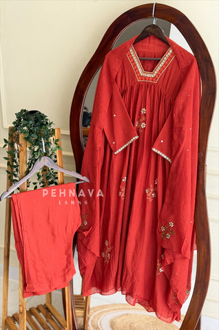 Pleated Yoke Embroidered Suit Set