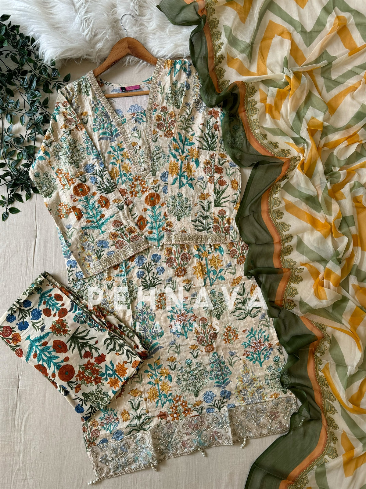 Embroidered Casual Suit with organza patches-beige