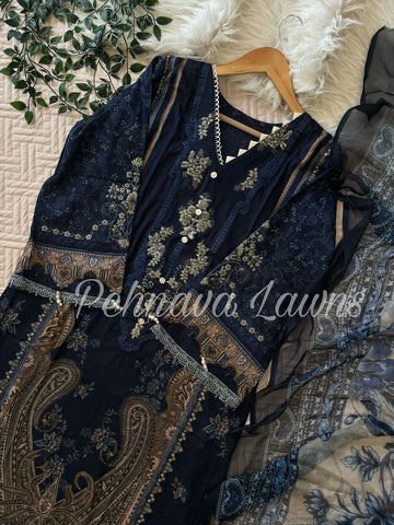 Embroidered casual suit with Chiffon Dupatta-Navblue1128