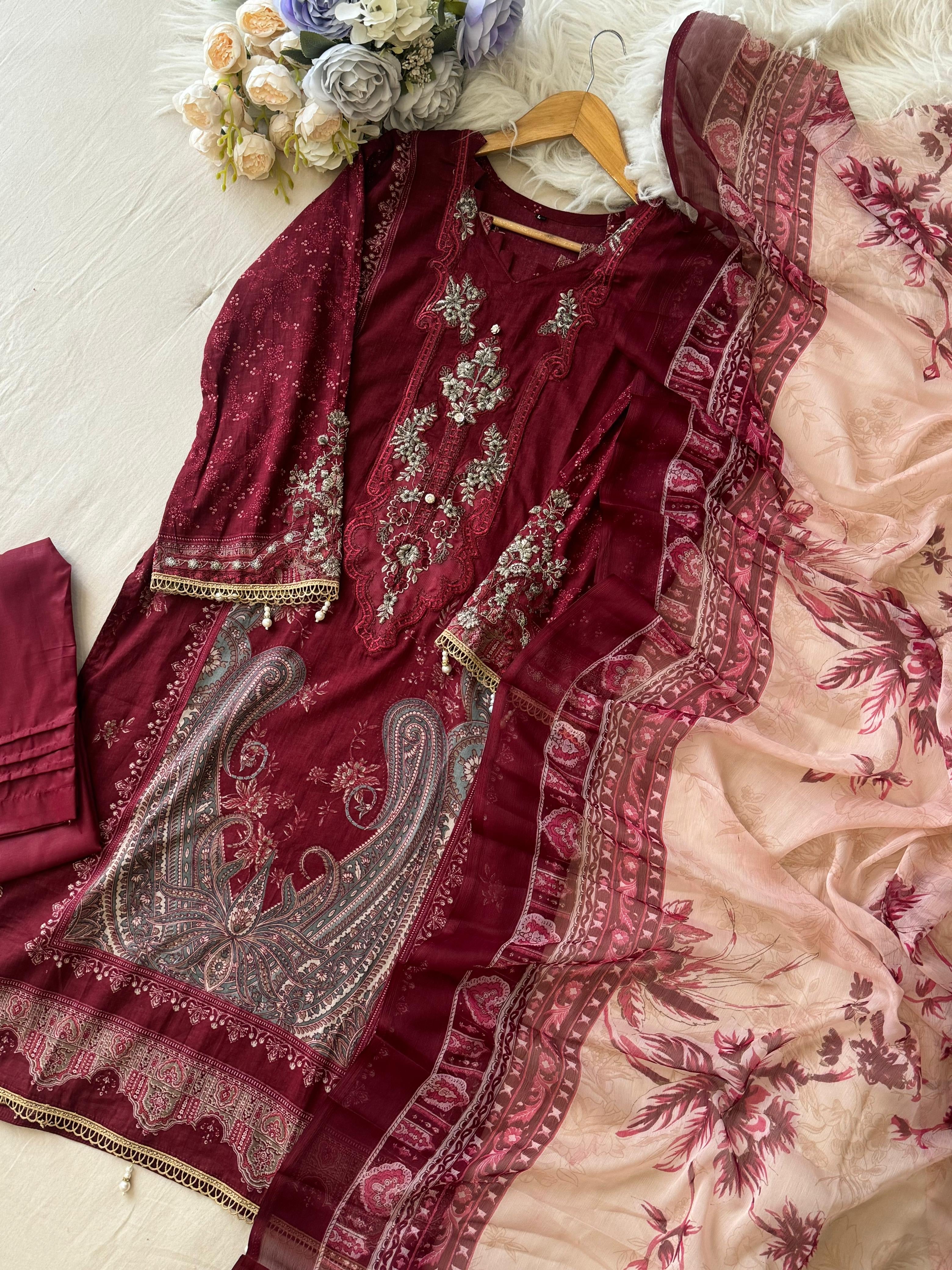 Maroon Printed Pakistani Cotton Suit