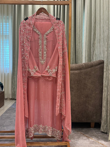 Premium organza  handwork suit with bottom and organza  hand  worked dupatta-1098