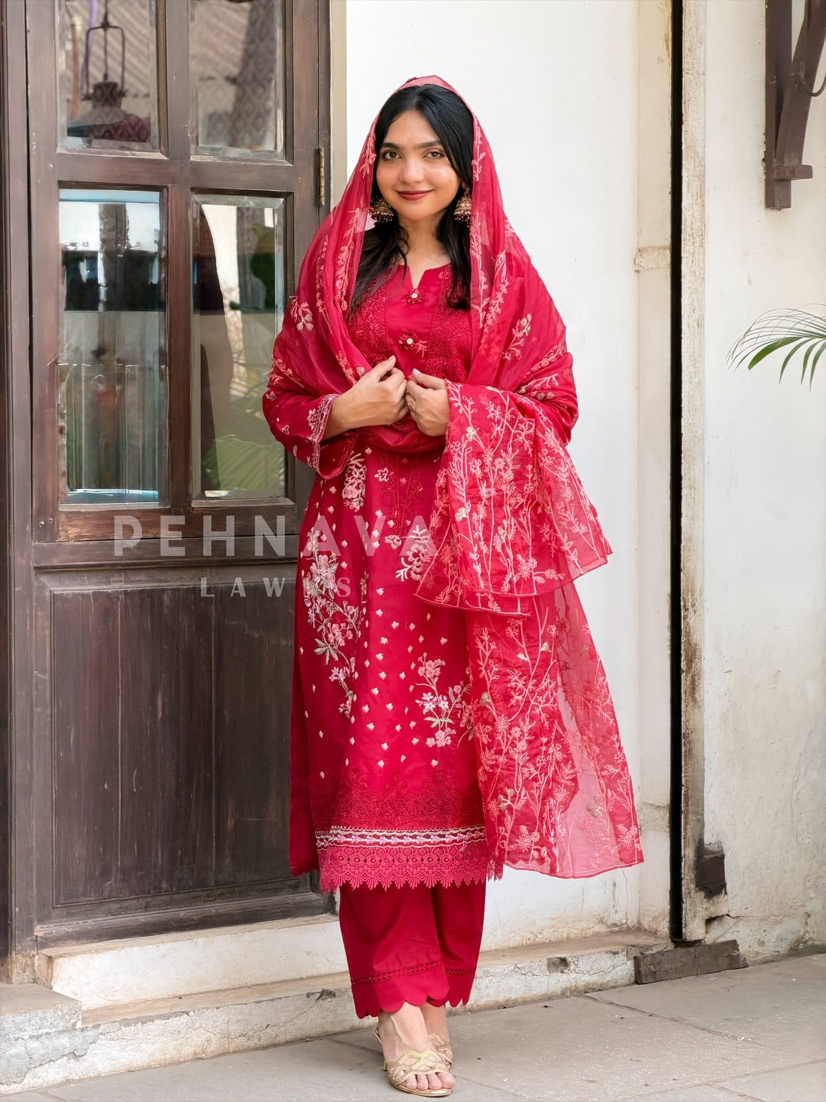 Semi stitched red suit set-186 - Pehnava Lawns