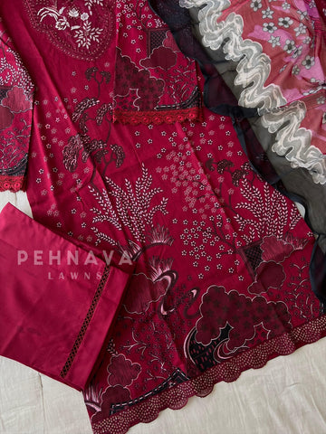 Red Printed Embroidery Cotton Suit With Chiffon Dupatta -1060 - Pehnava Lawns