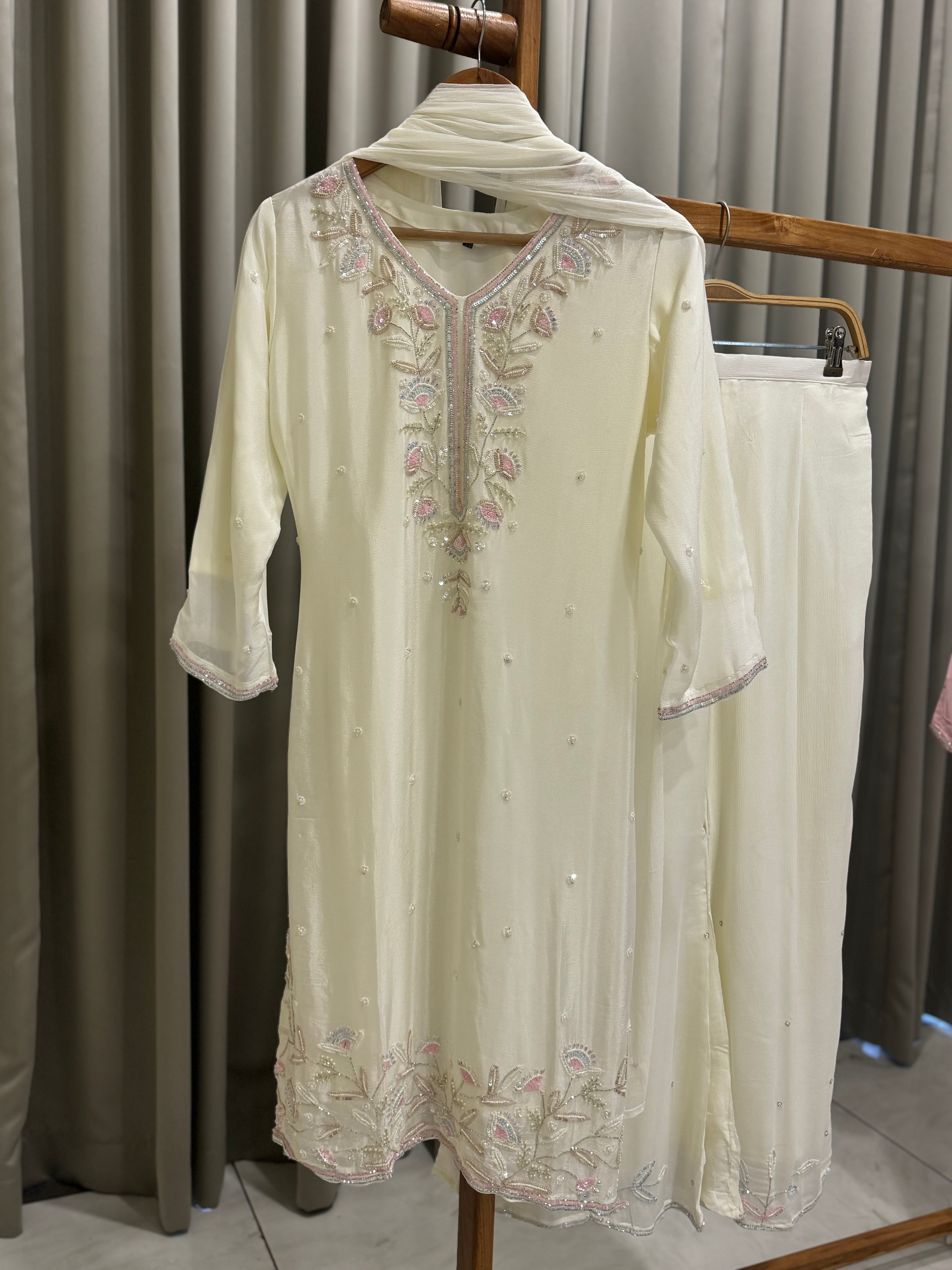 Handworked Chinnon Suit with wide palazzos - Pehnava Lawns