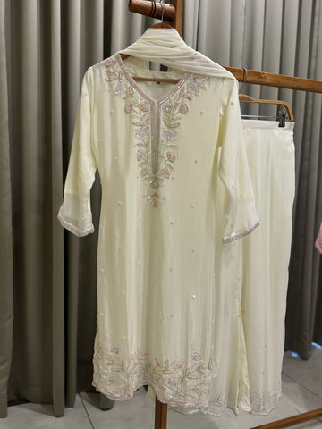 Handworked Chinnon Suit with wide palazzos - Pehnava Lawns