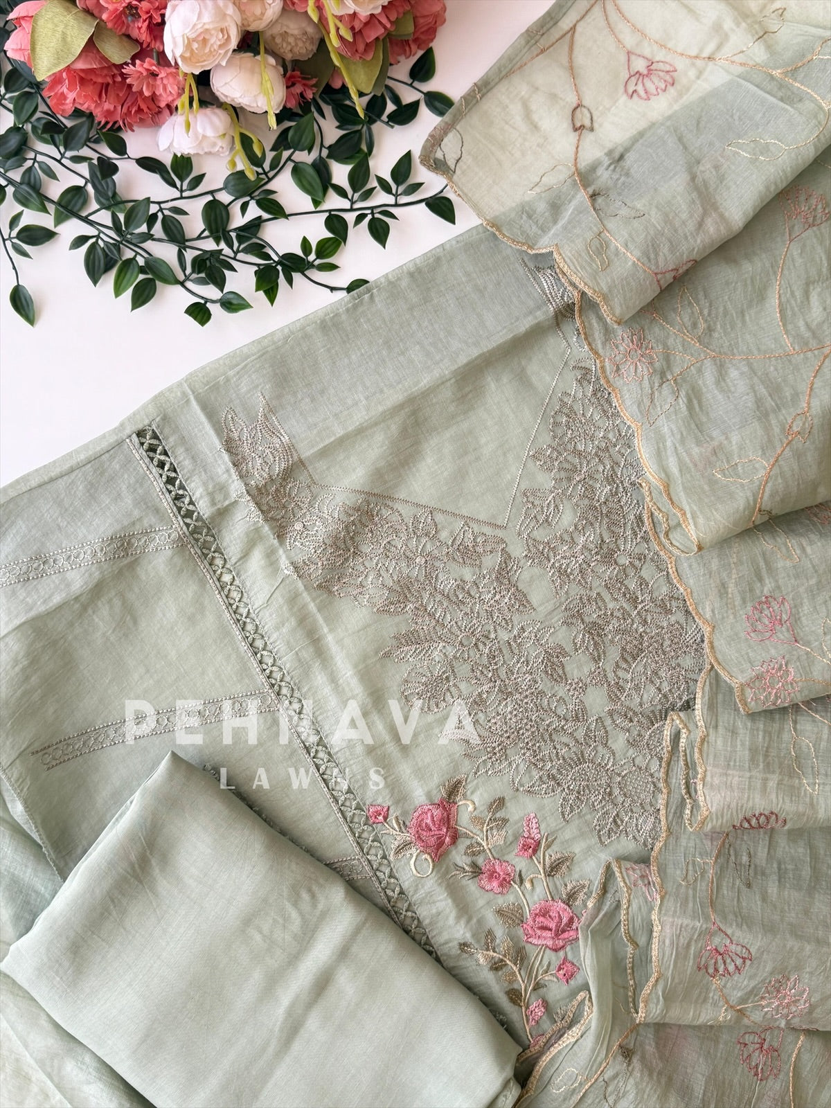 Chanderi Floral Embroidered Unstitched Suit