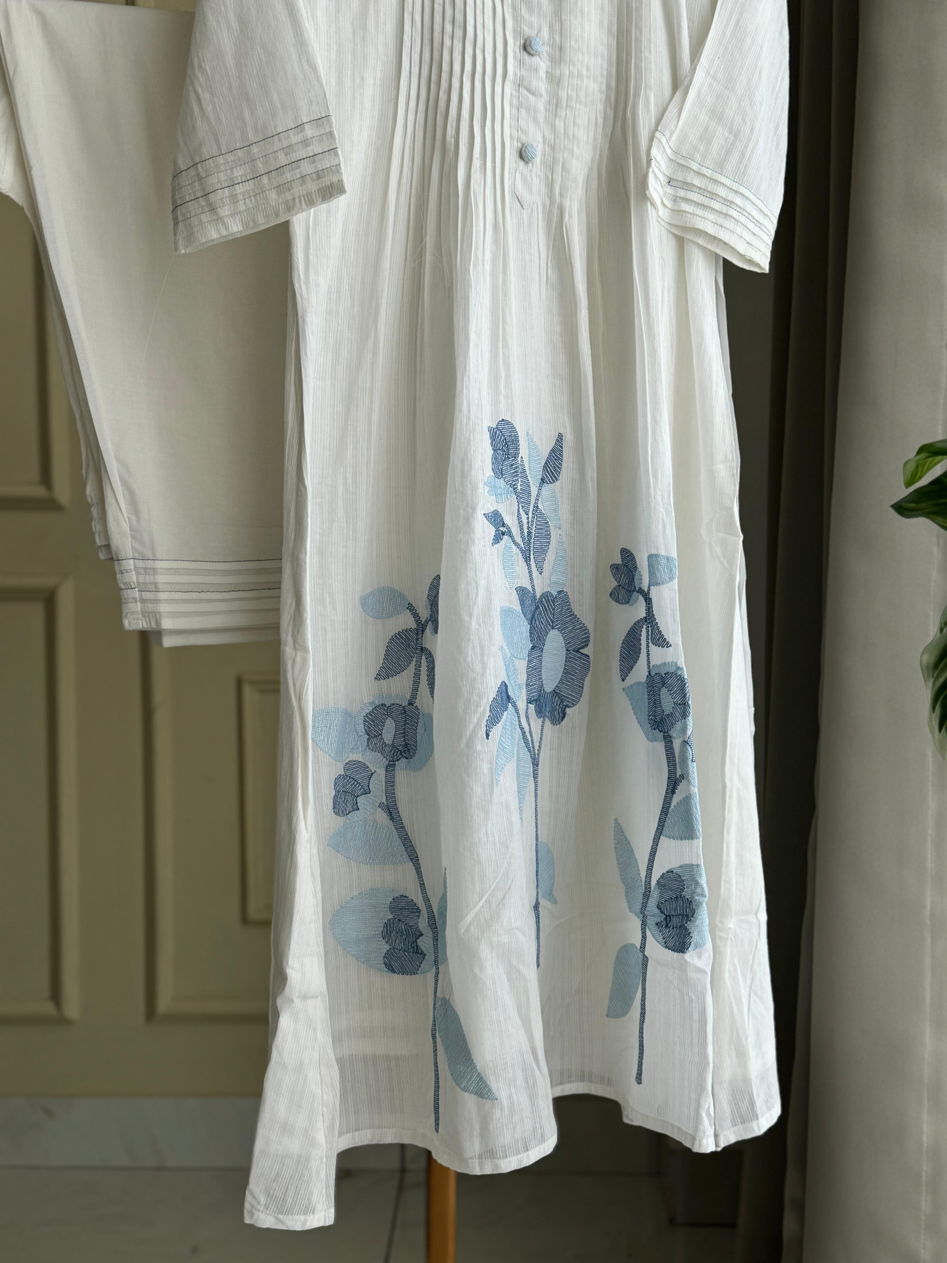 Pure cotton floral embroidered Anarkali suit-White