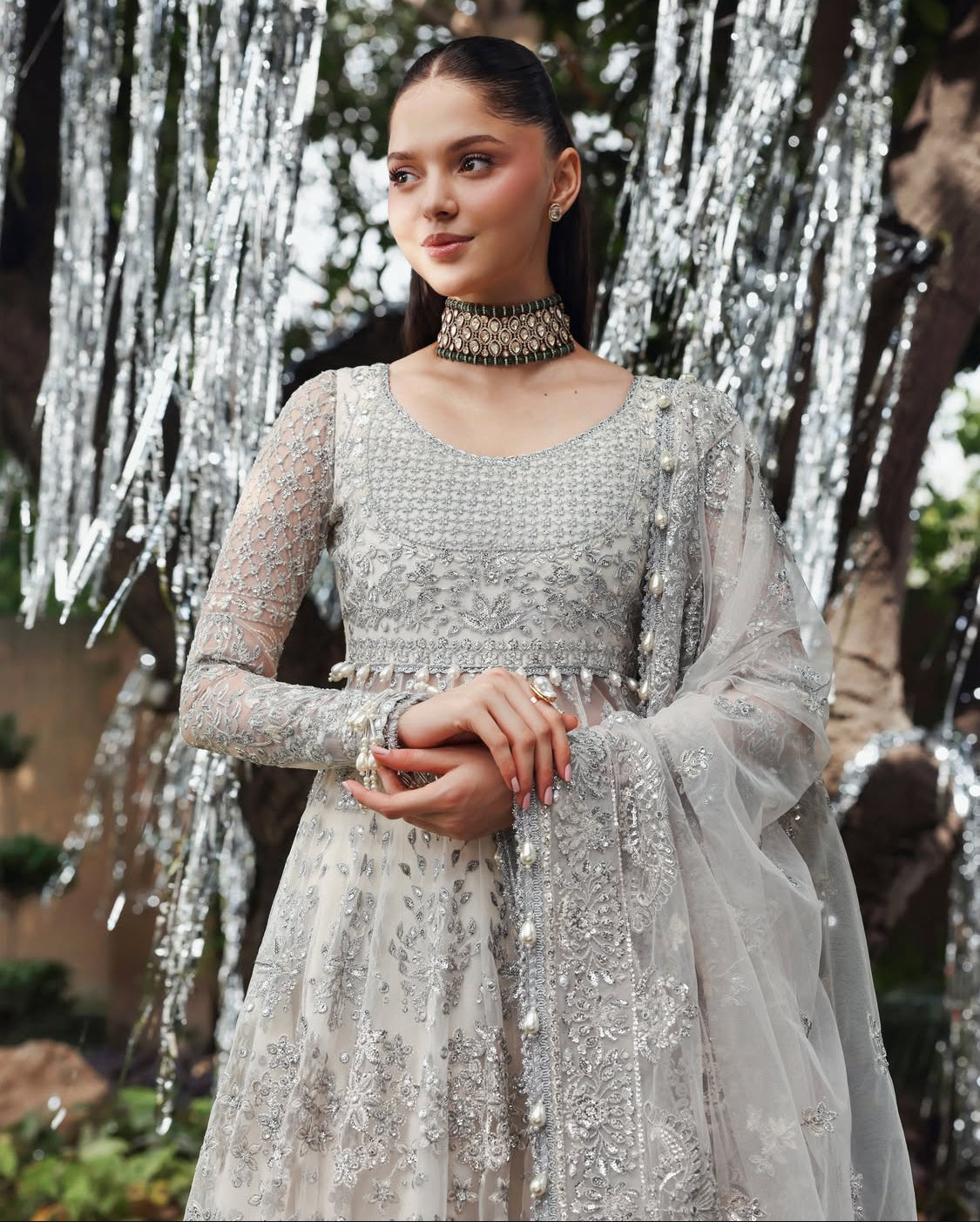Heavily Emblished Ivory and Silver Lehenga