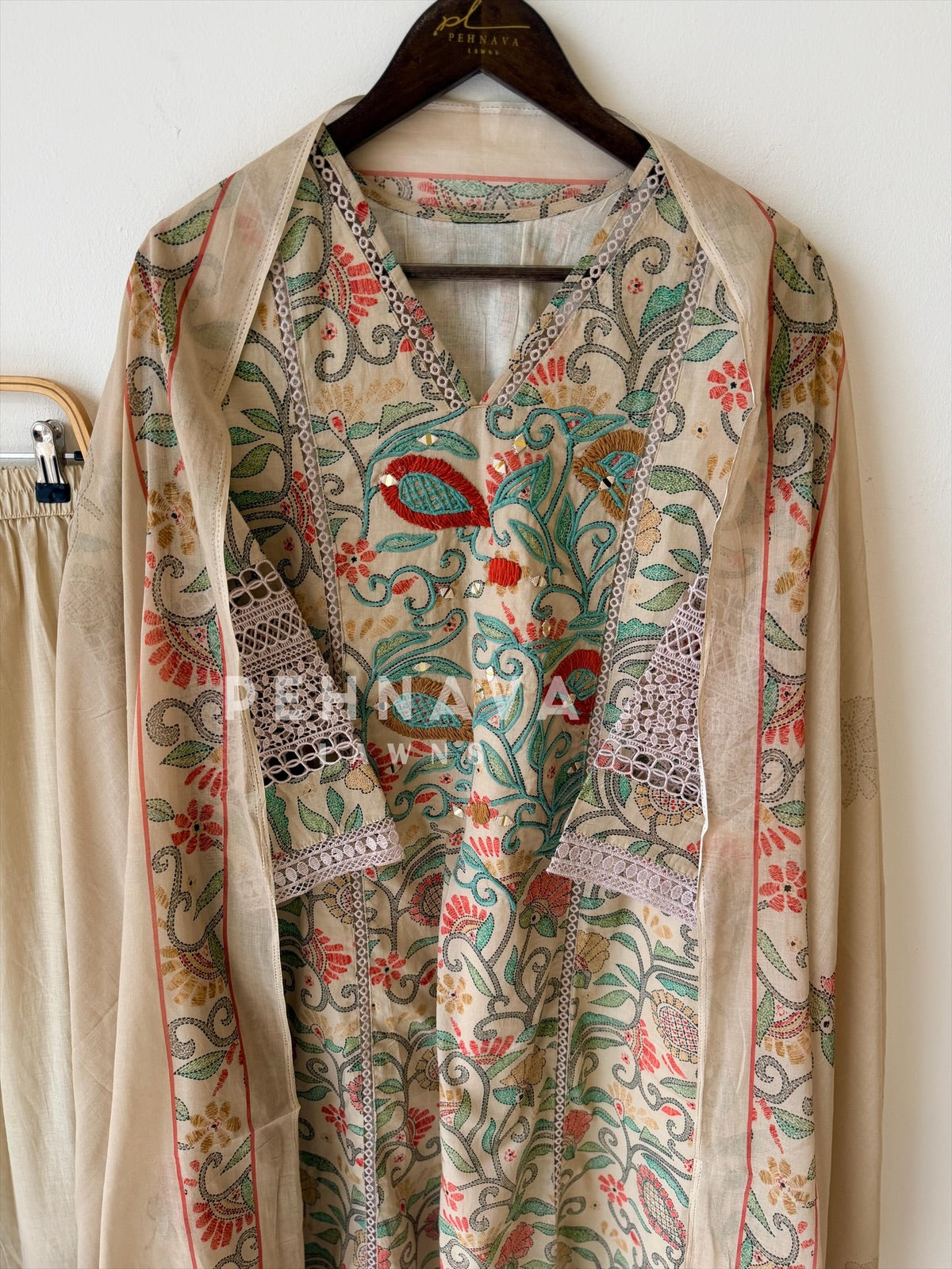 Floral Print Cotton Suit with Lace-6154