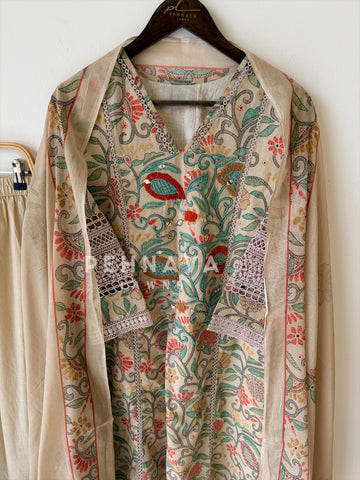 Floral Print Cotton Suit with Lace-6154