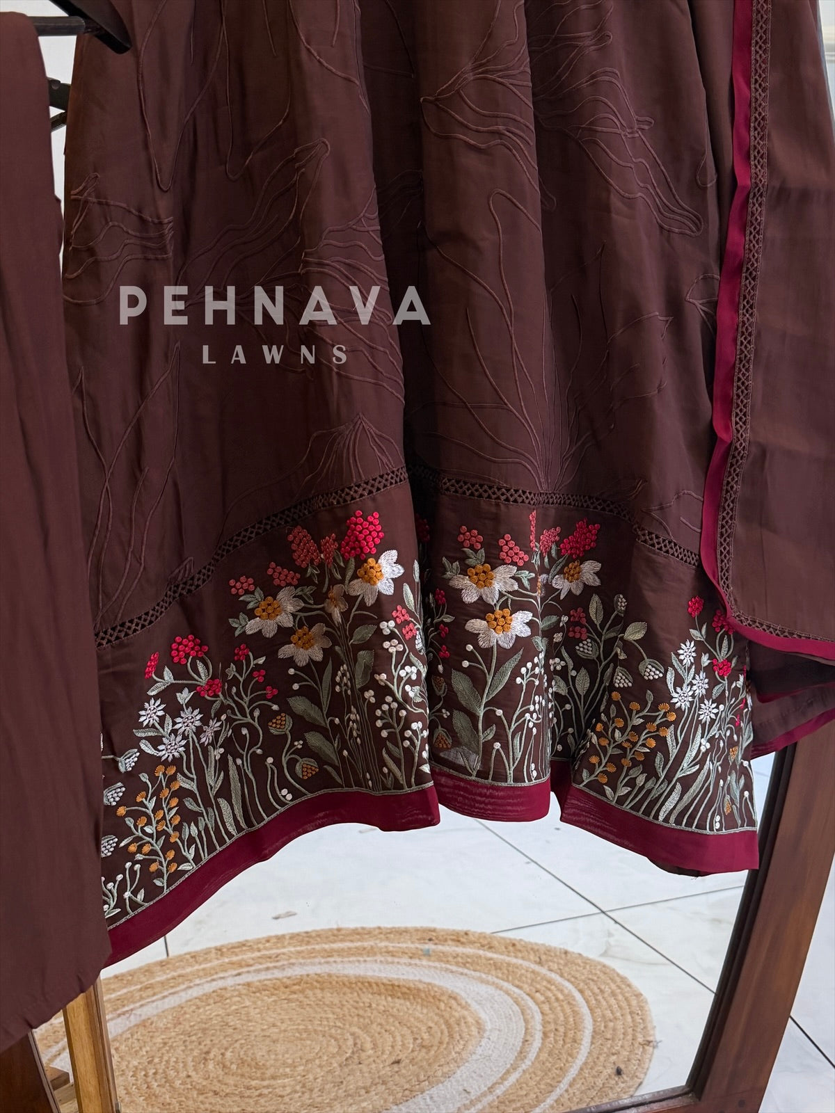 Brown Floral Embroidered Suit Set