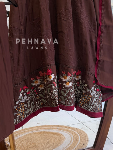 Brown Floral Embroidered Suit Set
