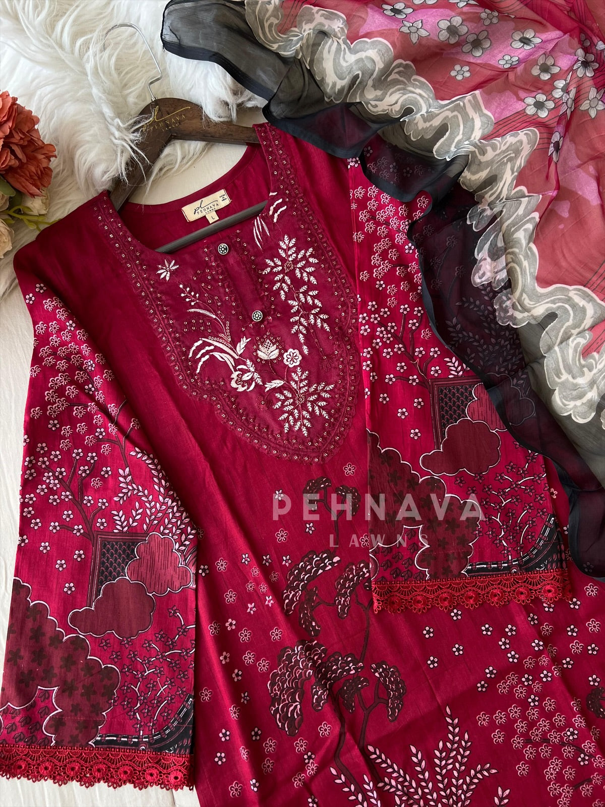 Red Printed Embroidery Cotton Suit With Chiffon Dupatta -1060 - Pehnava Lawns