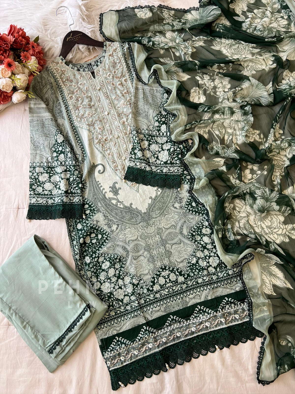 Green  Neckline Embroidered Pak-Suit