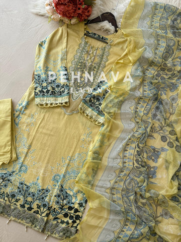 Yellow Pastel Bloom Cotton Suit with Printed Dupatta