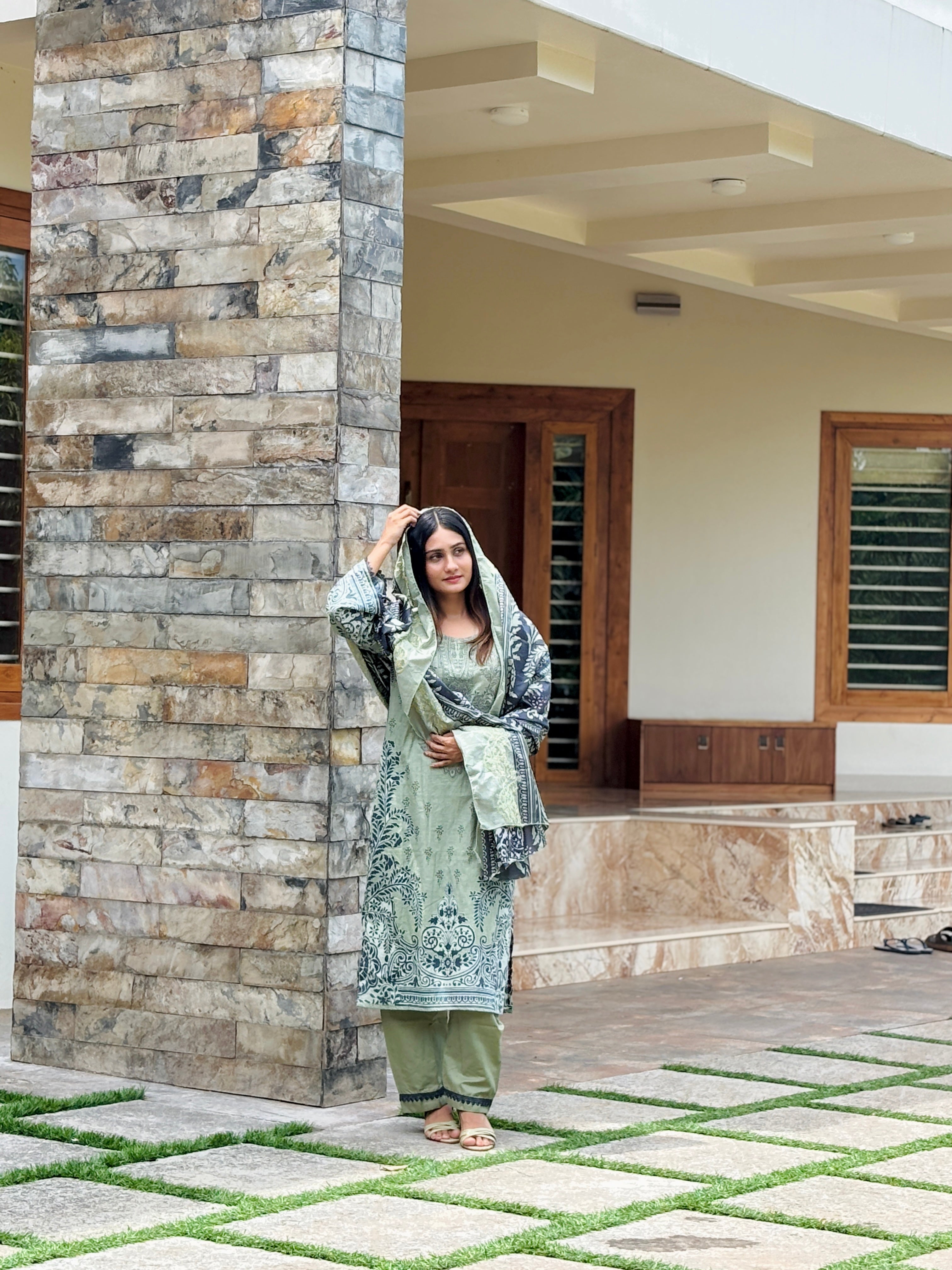 Green  Printed Unstitched Suit