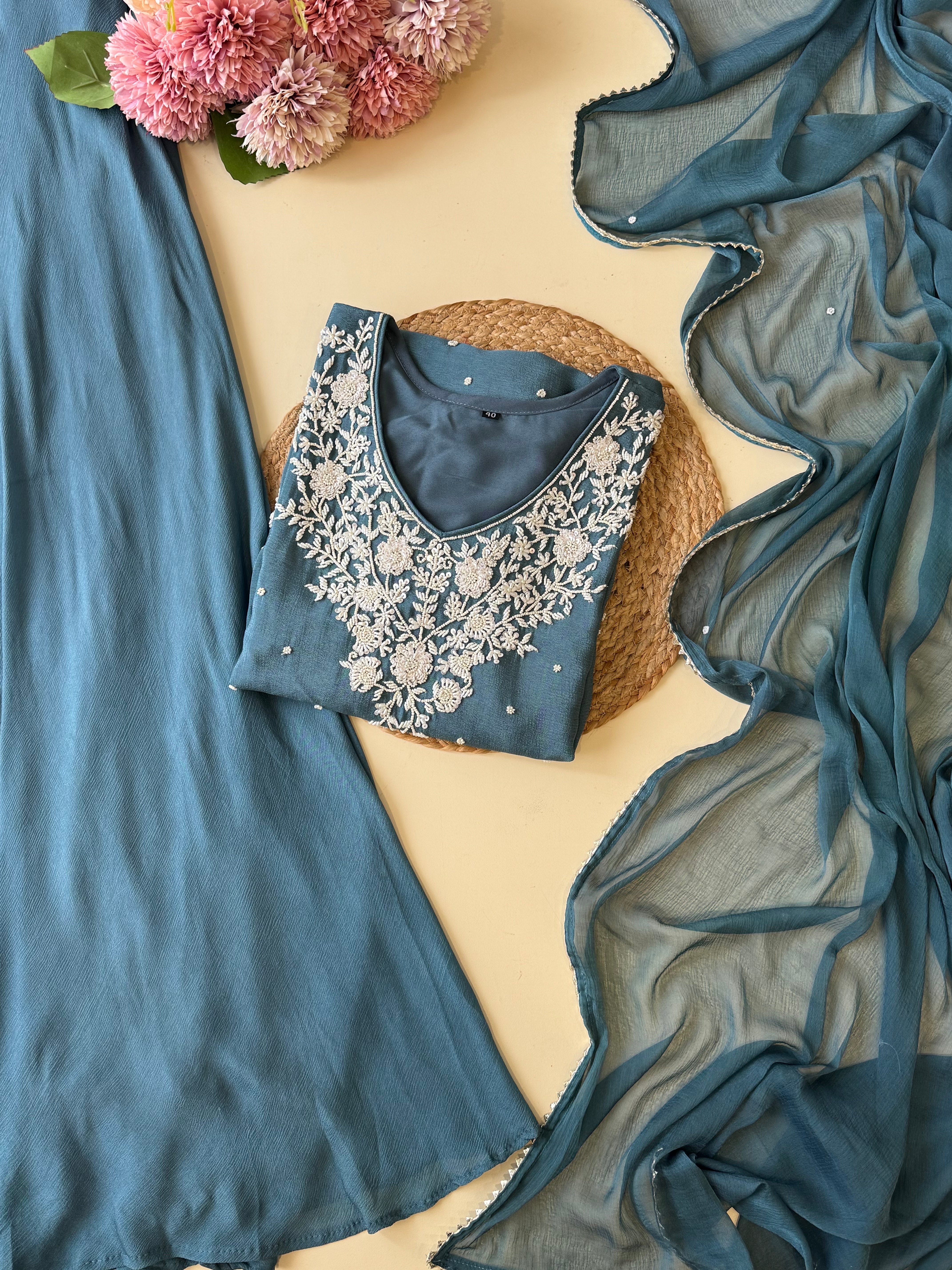 Chinnon handworked suit with  wide palazzo