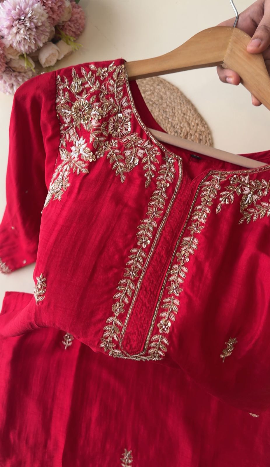Red Handworked suit with Neckline Detailings-0484