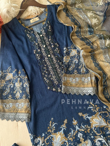 Classic Blue Printed Unstitched Suit Set-1458 - Pehnava Lawns