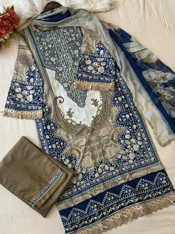Lace detailed Blue&White Printed Pakistani Suit-1362
