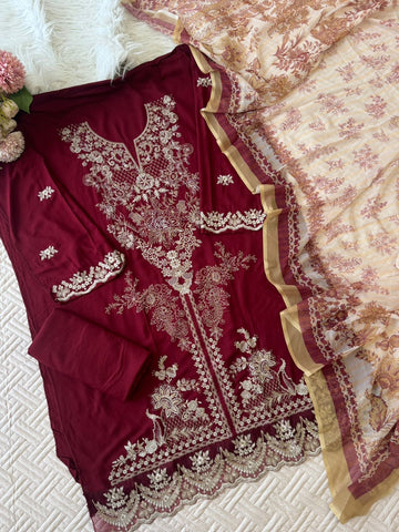 Rayon Embroidered Suit-Maroon 3639A