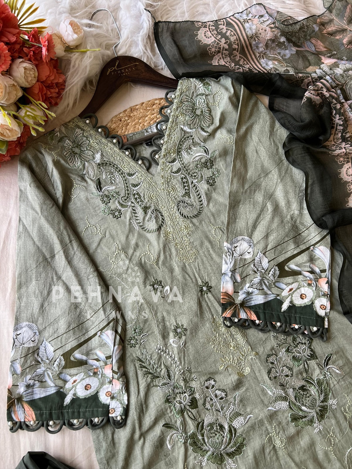 Floral Embroidered Cotton Suit Green-4109