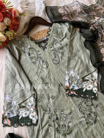 Floral Embroidered Cotton Suit Green-4109