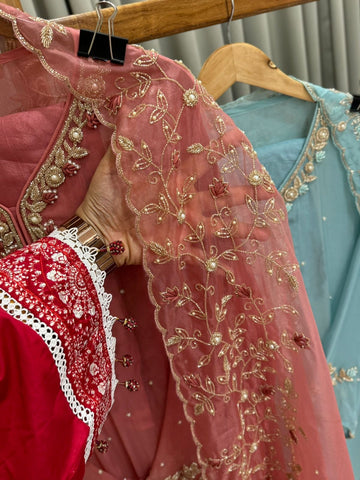 Premium organza  handwork suit with bottom and organza  hand  worked dupatta-1098