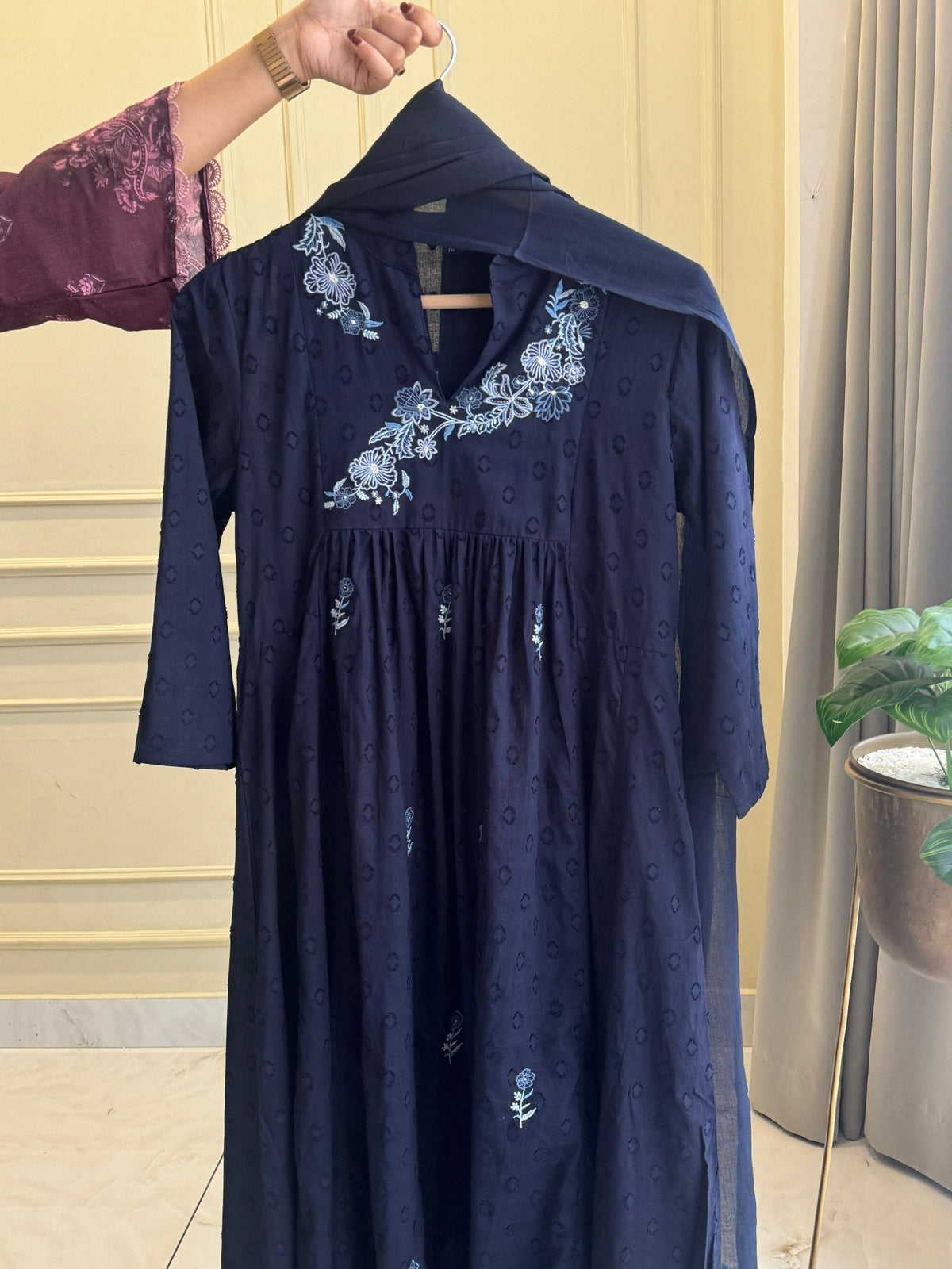 Pure Cotton Self-Embroidered pleated suit-4601