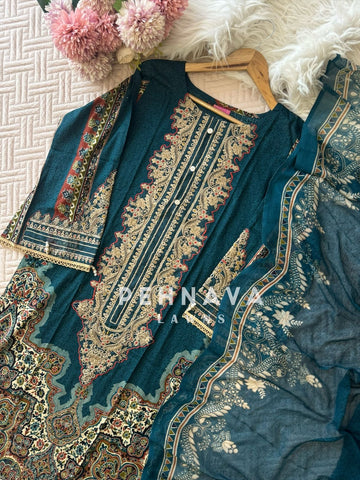 Printed casual suit with chiffon dupatta