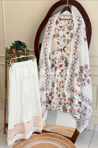Floral Print Cotton Suit with Lace