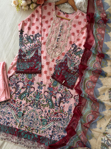 Pastel Pink Cotton casual suit with pure chiffon dupatta 1366
