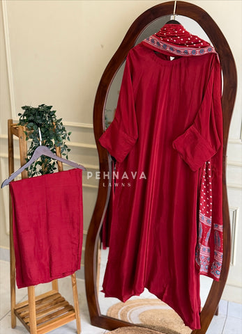 Ajrak Printed Dupatta Kaftan Suit Set