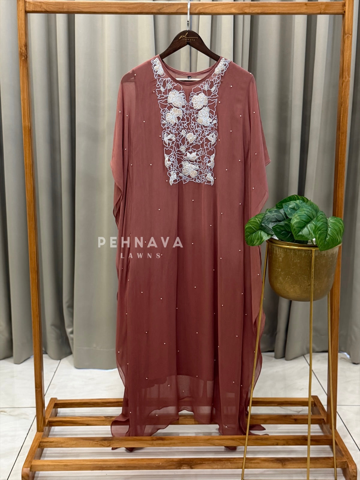 Pearl Detail Embroidered Kaftan Suit