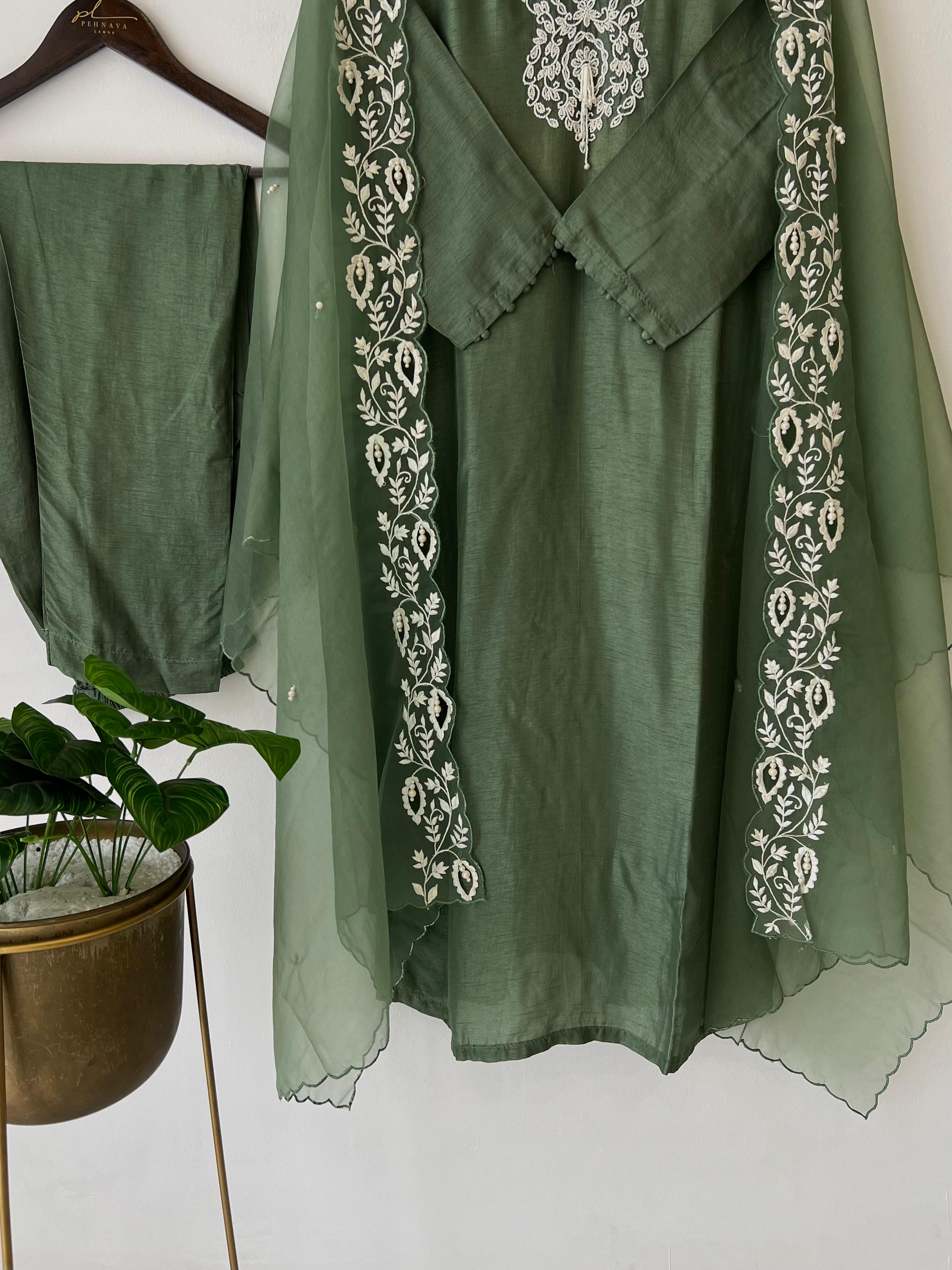 Dola silk ready to wear suit with neck detailing-color options available - Pehnava Lawns