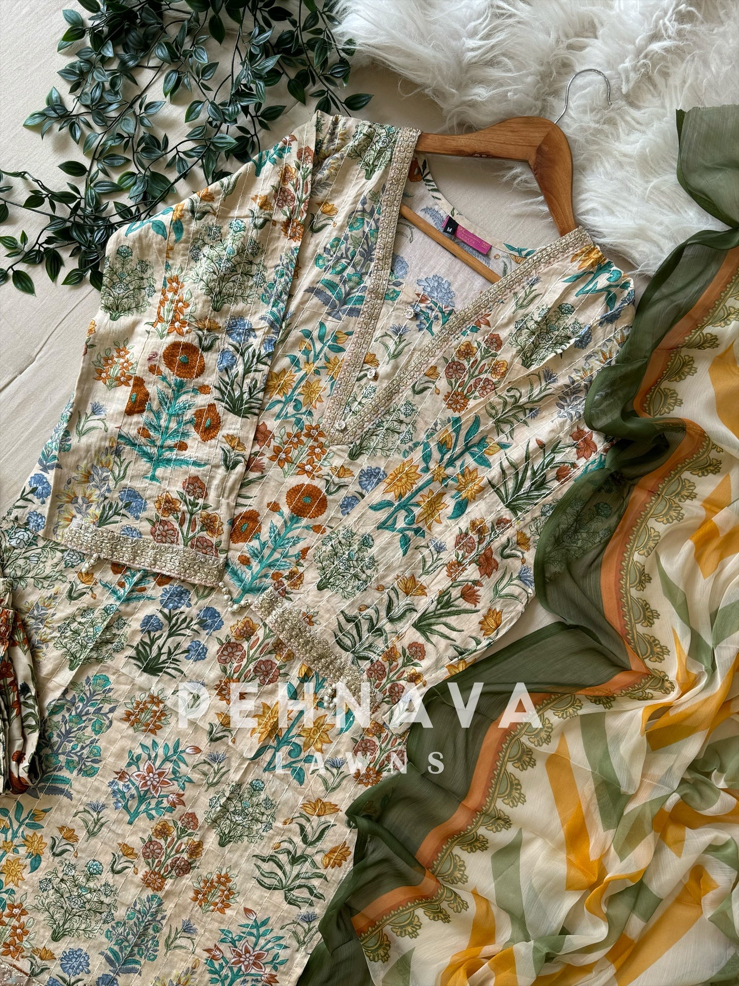 Embroidered Casual Suit with organza patches-beige