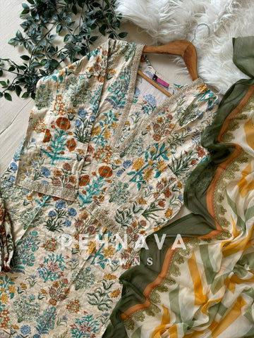 Embroidered Casual Suit with organza patches-beige