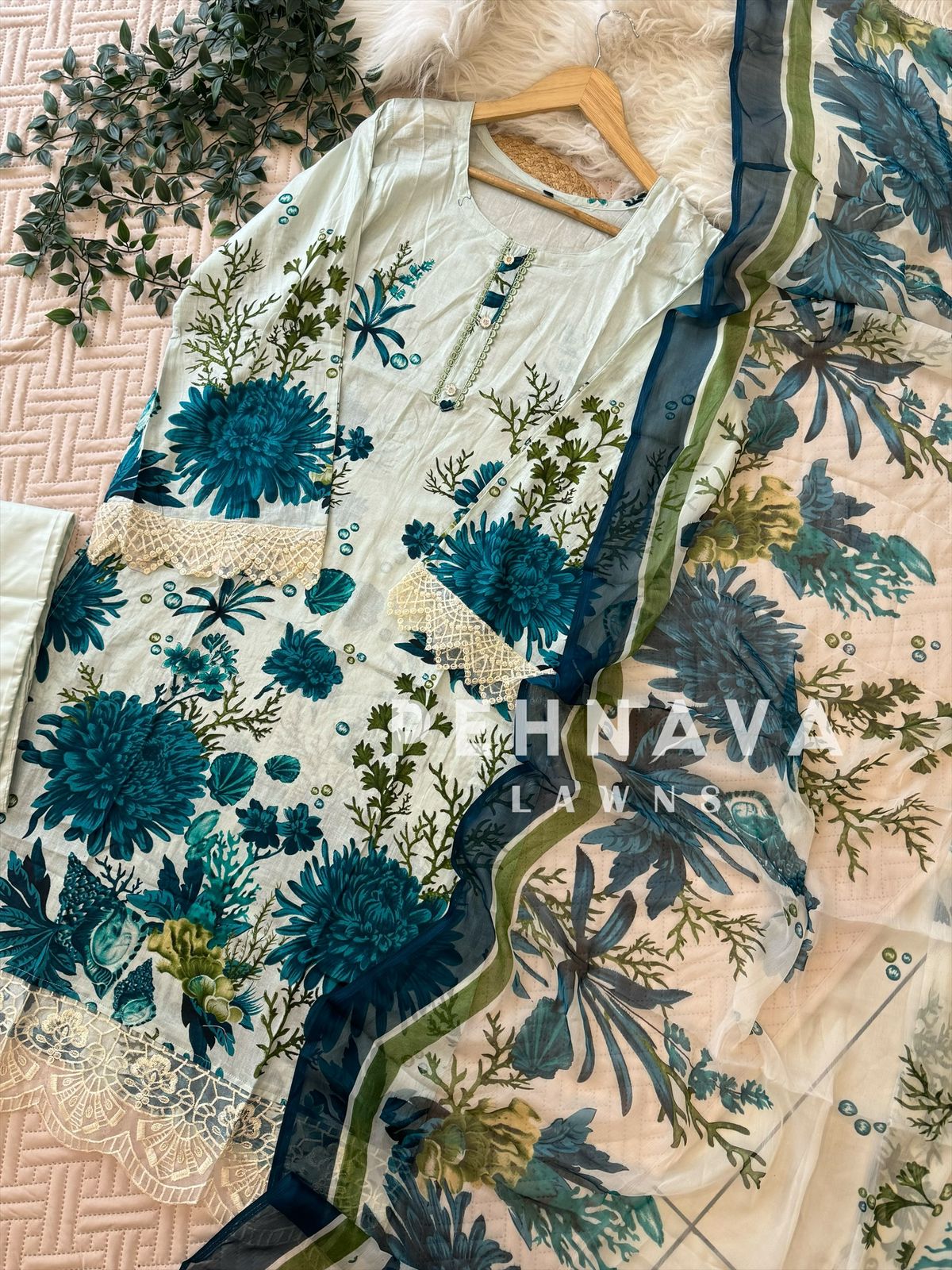 White Suit Ft. Blue Floral Print-1283