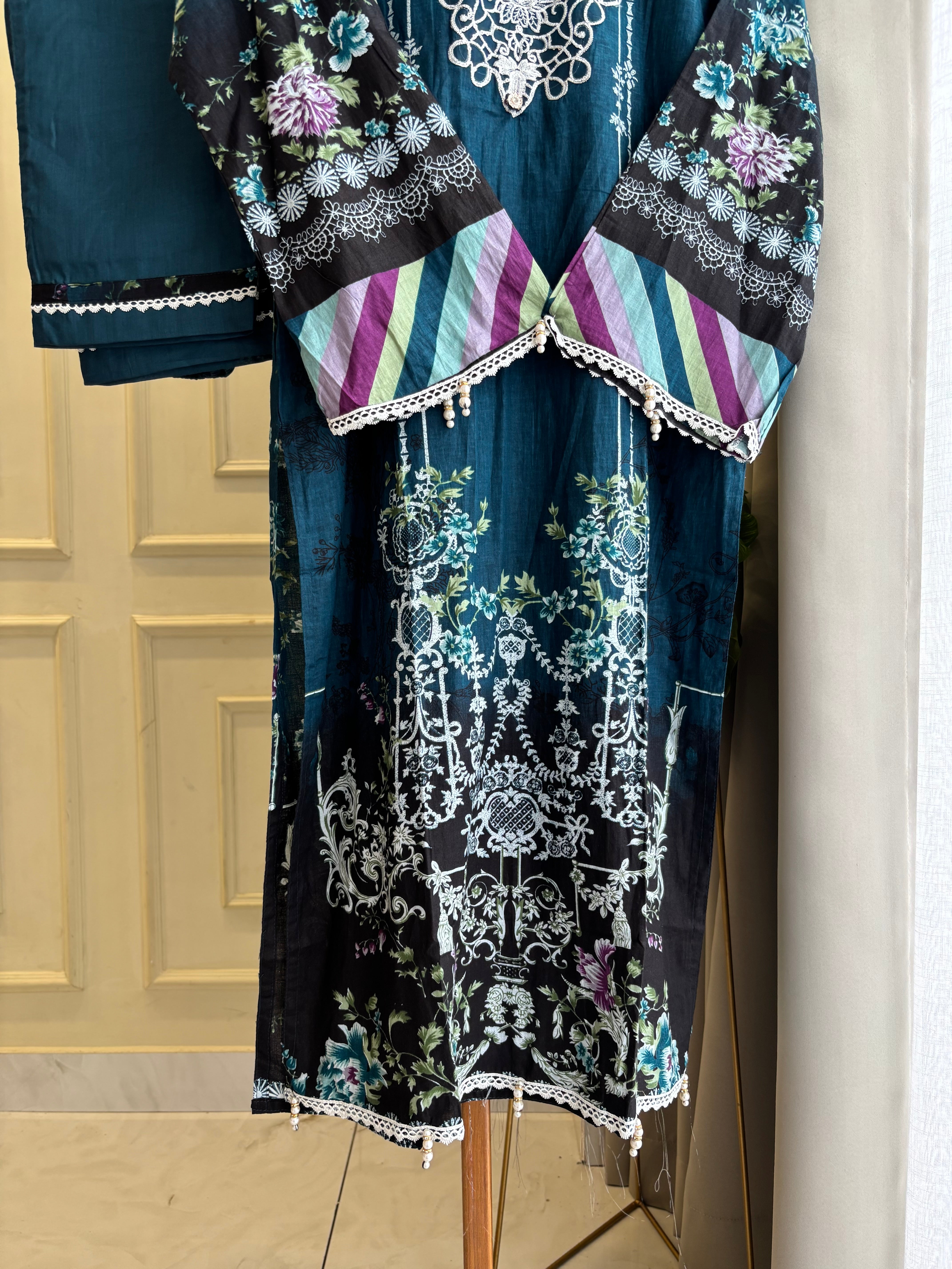 Teal Embellished Floral Suit