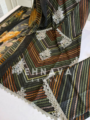 Chevron Lawn Suit with Printed Dupatta-Chiffon/Cotton