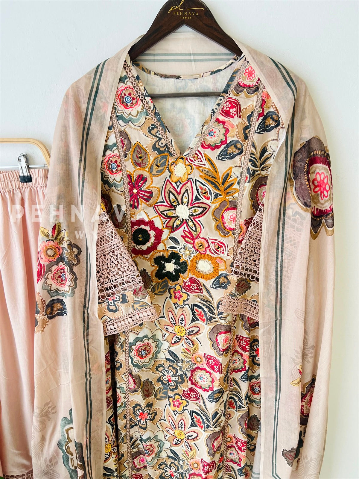 Floral Print Cotton Suit with Lace-17144 - Pehnava Lawns